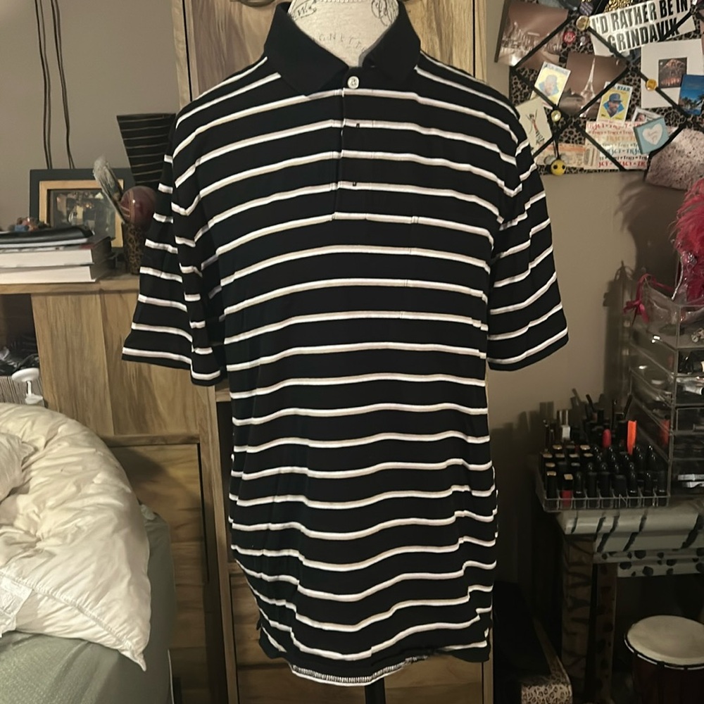 Cherokee Black and White Striped Polo Shirt - Medium